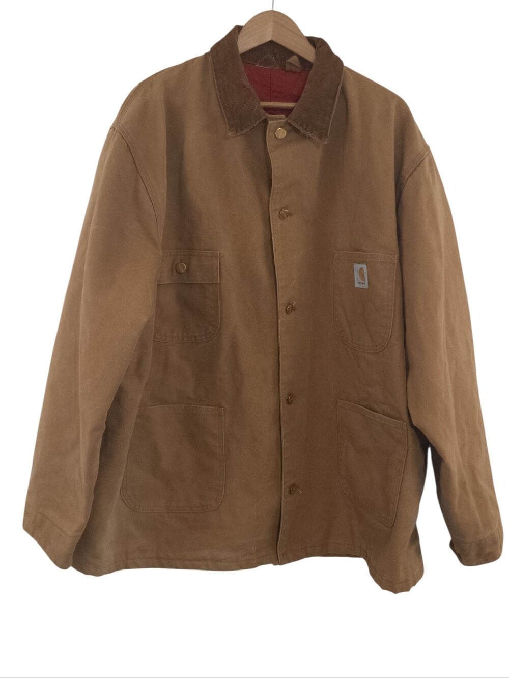 Vintage 90s Carhartt Men's Brown Duck Canvas Chore Coat Red Quilt Lined Workwear